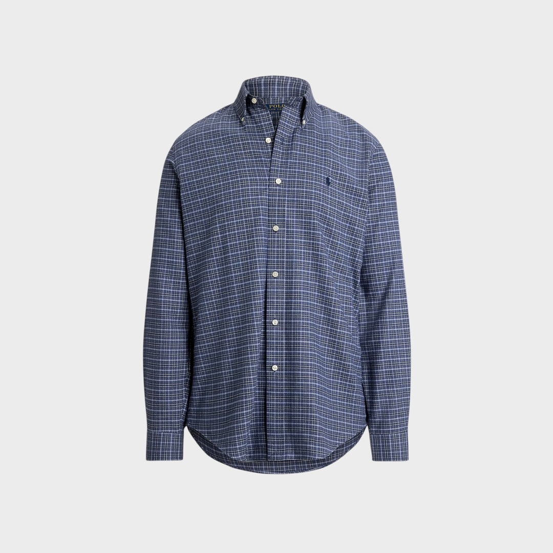 Ralph Lauren Custom Fit Plaid Performance Twill Skjorte i navy.