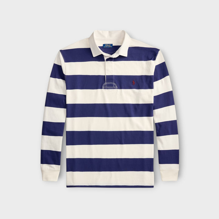 Ralph Lauren The Iconic Rugby Polo i White/Blue med rødt Pony-logo.