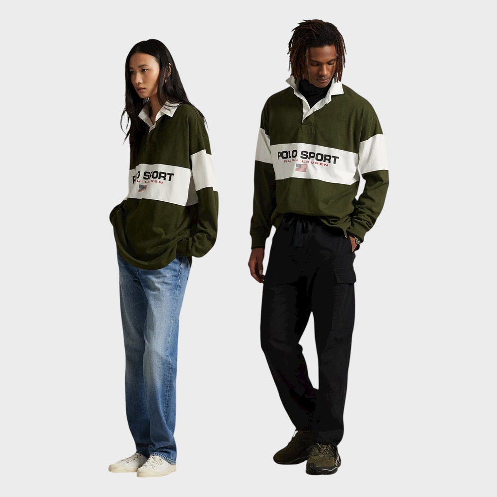 Olive/hvid Rugby Polo fra Ralph Lauren med Polo Sport-logo.