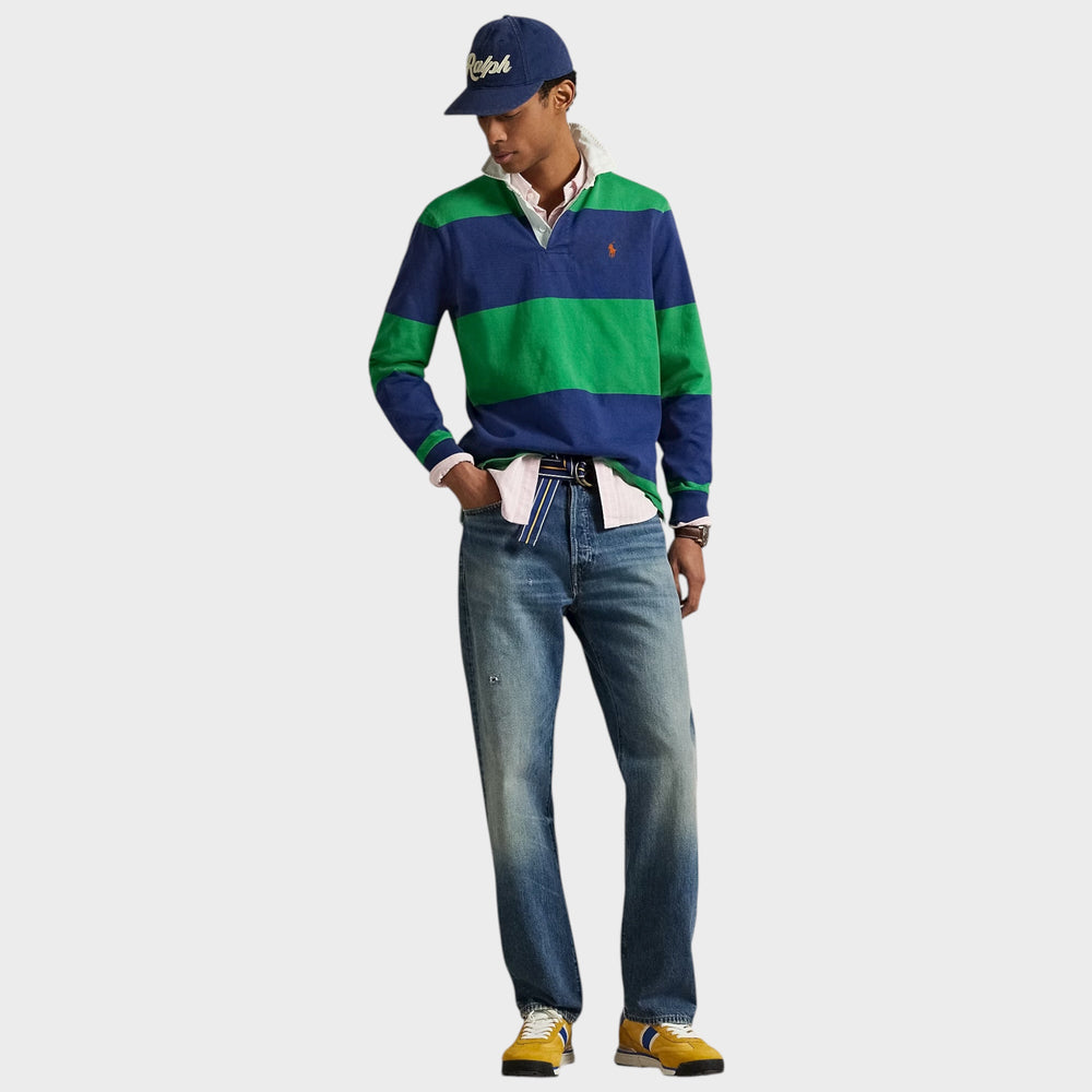 Grøn rugby skjorte fra Ralph Lauren med hvid krave.