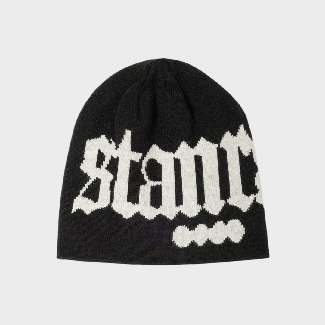 Sort Stan Ray Logo Beanie set forfra med stort, lyst Stan Ray-logo