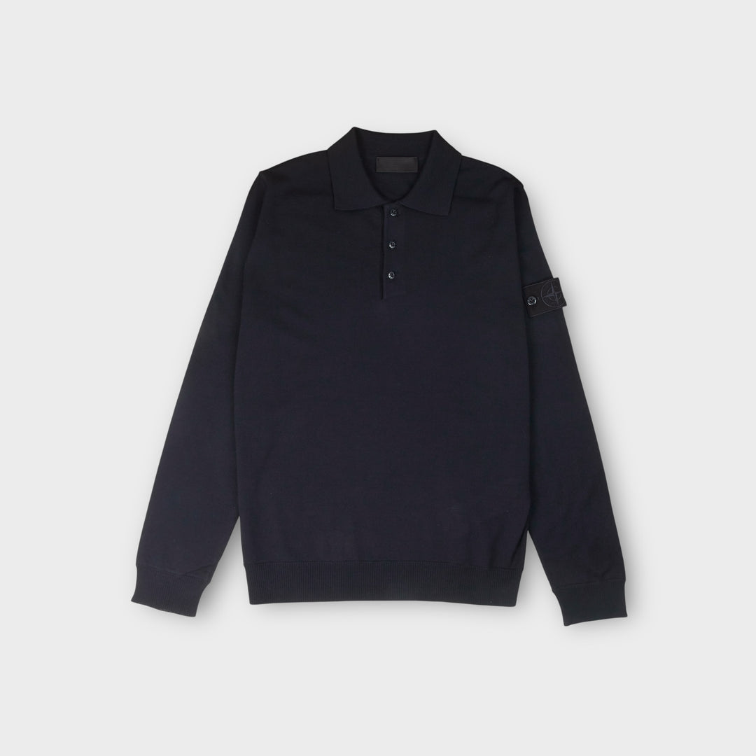 Stone Island Ghost Pure Wool Polo i navy med tonalt Compass badge.