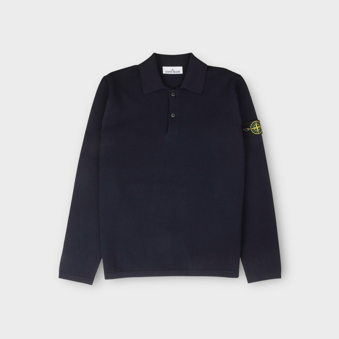 Stone Island Ribbed Trims Longsleeve Polo i navy i organic cotton.
