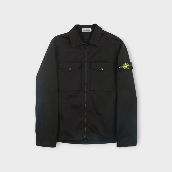 Stone Island Satin Cotton Overshirt i Black med Compass Badge