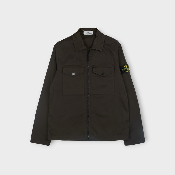 Stone Island Satin Cotton Overshirt i Dark Brown set forfra med Compass Badge