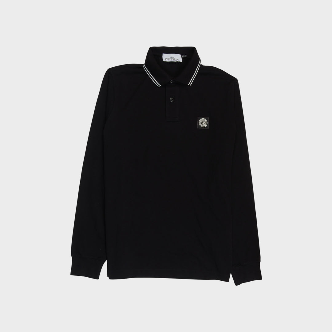 Stone Island Compass Patch Slim-Fit Longsleeve Polo i Sort set forfra