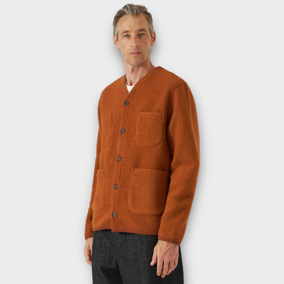 Rustfarvet uldfleece cardigan fra Universal Works til herre